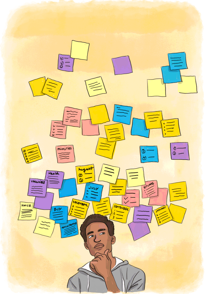 Man in front of a post its wall