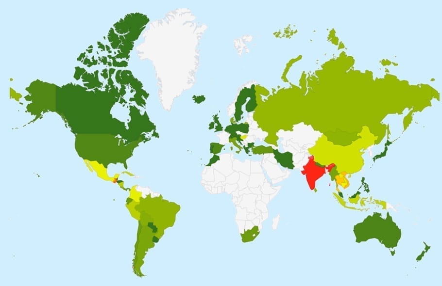 Map of countries in which RTW travellers are scammed the most