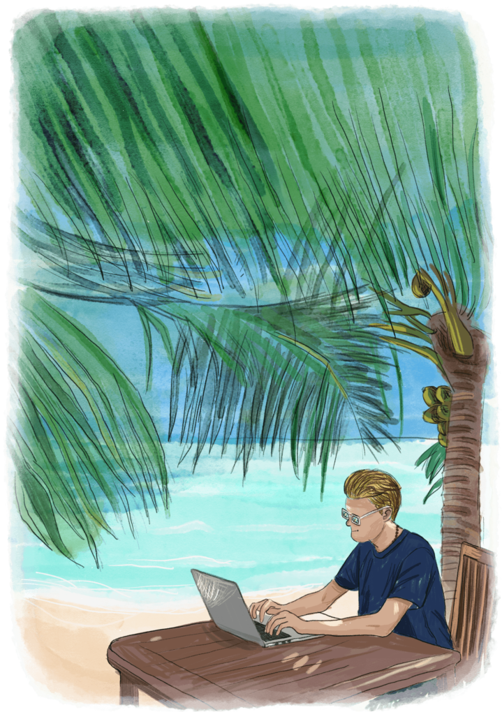 Homme qui travaille sur son ordinateur devant un paysage tropical