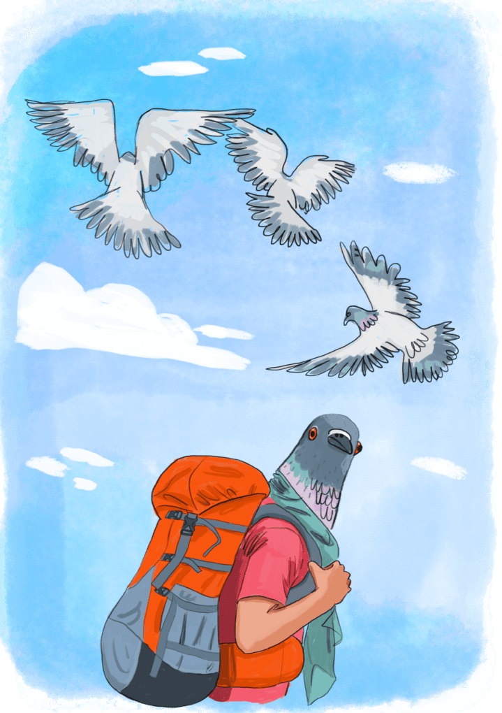 Pigeon-headed man with a backpack