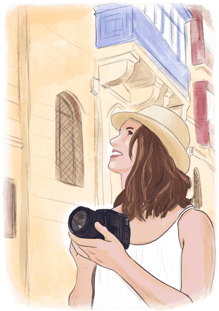illustration of a woman who takes pictures while traveling