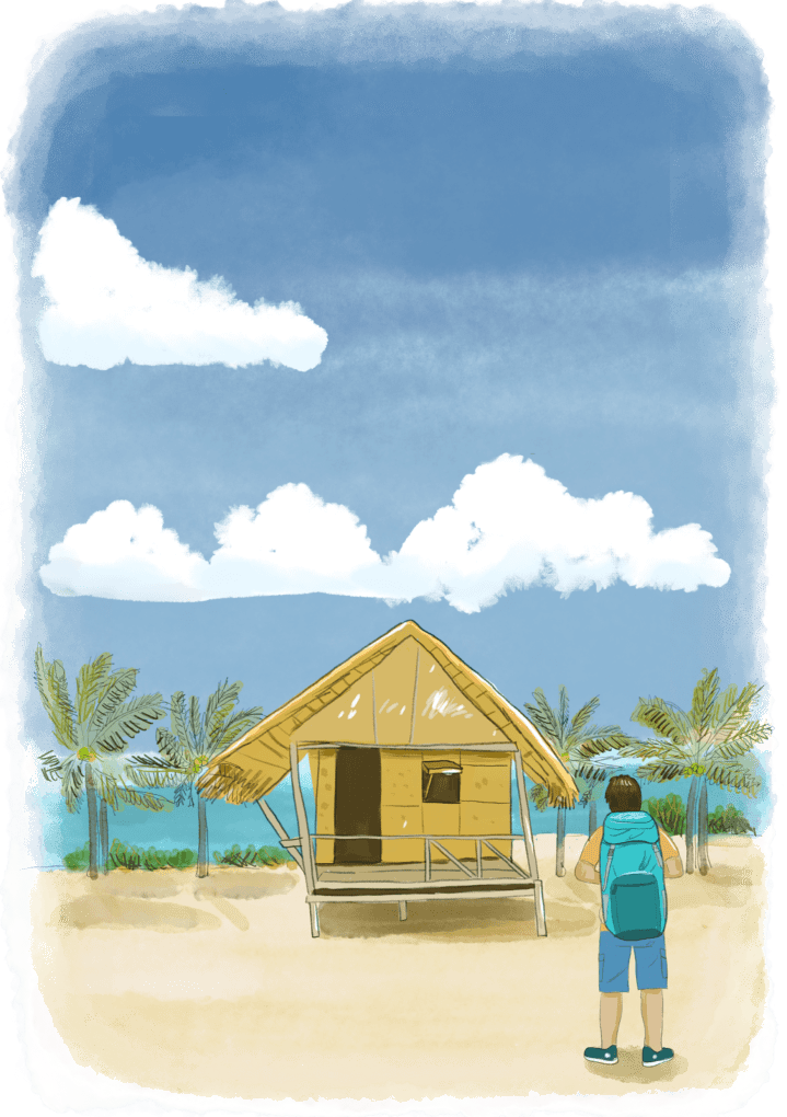 Backpacker sur une plage tropicale face un bungalow