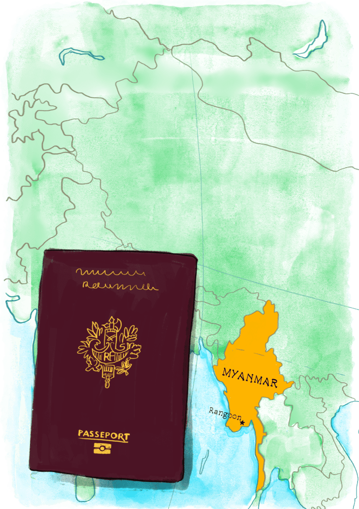 Passeport sur une carte du Myanmar