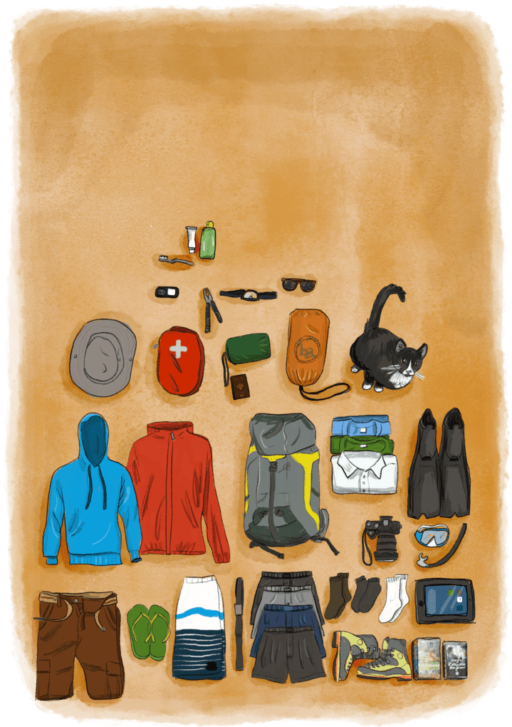 Tous l'équipement contenu dans un sac pour faire le tour du monde étalé au sol