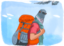 Pigeon-headed man with a backpack illustration