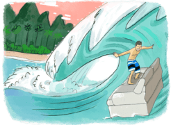 Homme en train de surfer une vague sur un canapé