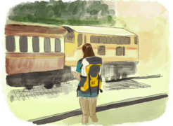 Femme qui voyage seule devant un train