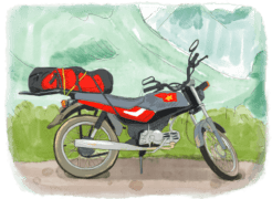 Moto de voyage face à un paysage du Vietnam
