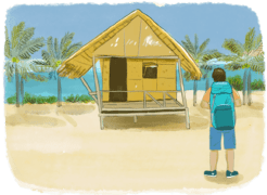 Backpacker sur une plage tropicale face à un bungalow