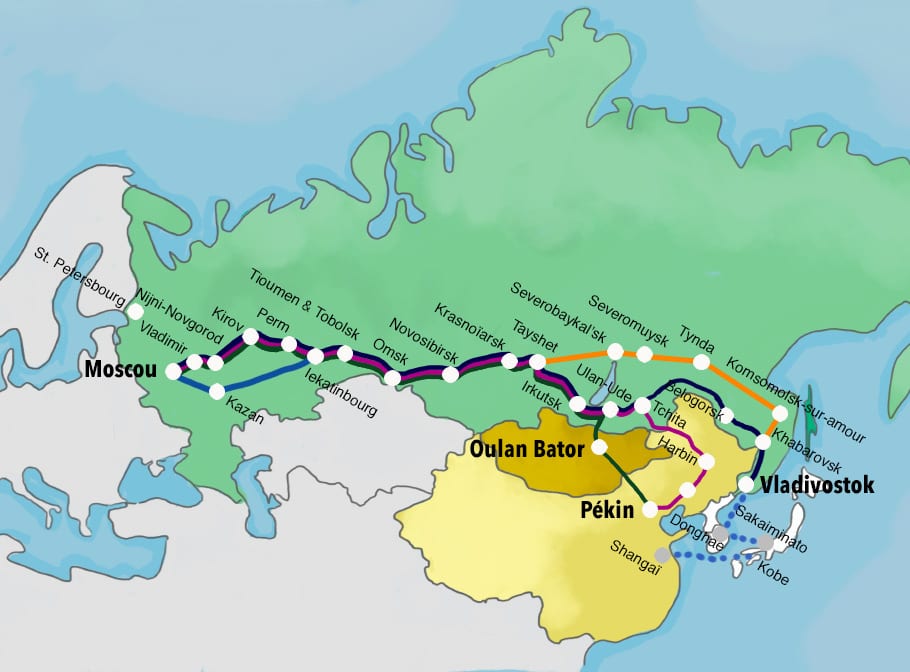 Route and stop maps of Trans-Siberian railways