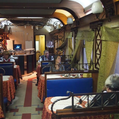 Dining car on a Trans-Mongolian train