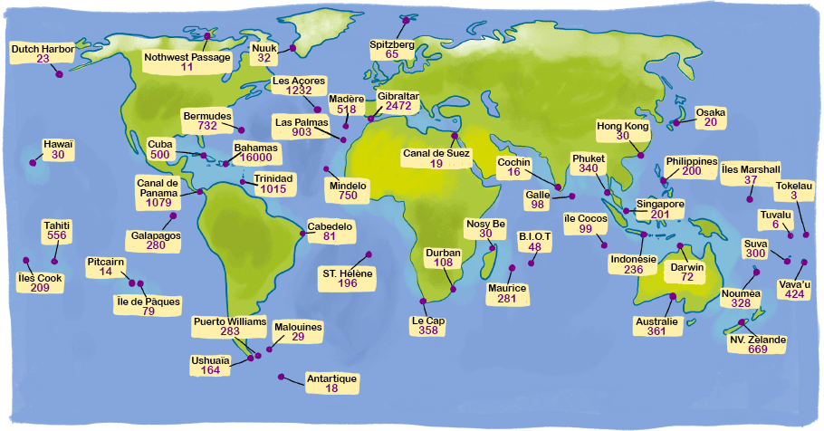 Map of the number of sailboat arrivals