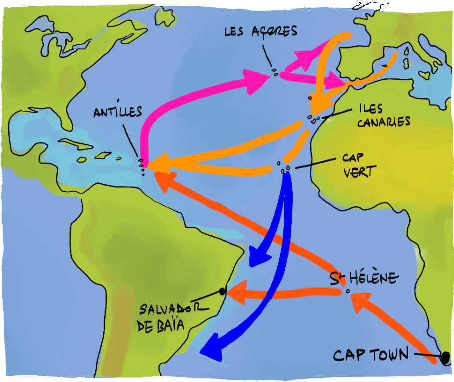 Map of transatlantic routes by sail