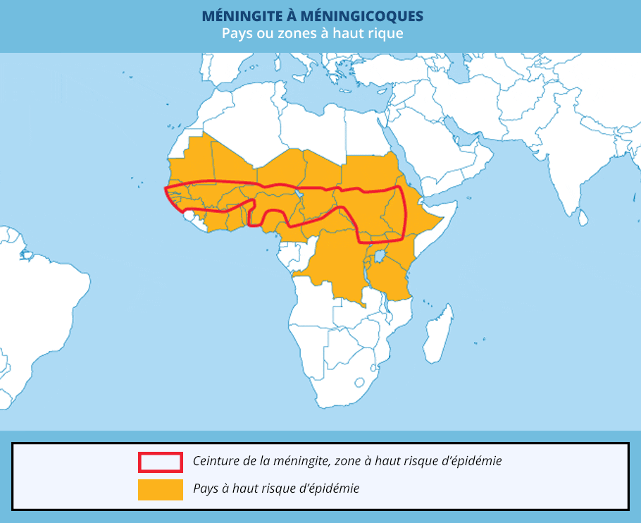 Carte pays ou zone à risque méningite à méningicoques, OMS 2017