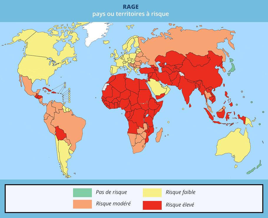 Carte des pays et territoires à risque rage monde OMS 2018