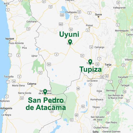 Carte des Villes de Départ pour visiter le Salar Uyuni