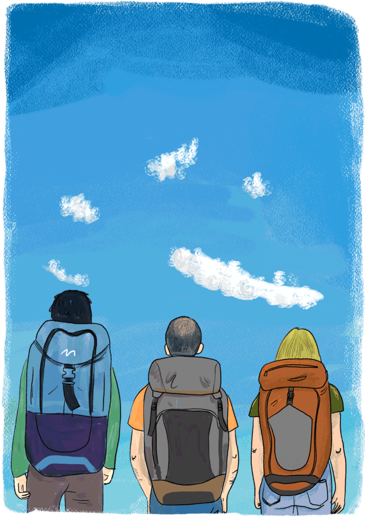 Sylvain, François et Nathalie (les auteurs de Tourdumondiste) de dos avec leurs sacs à dos