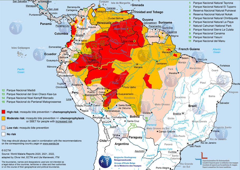 Carte des zones à risque Paludisme en Amérique du Sud
