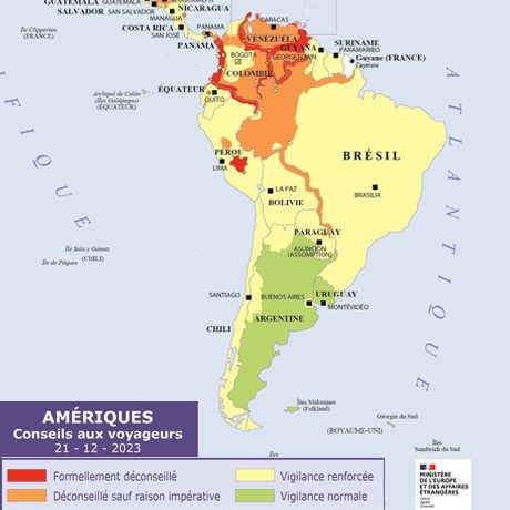 Carte Conseils Aux Voyageurs en Amerique Du Sud selon France Diplomatie