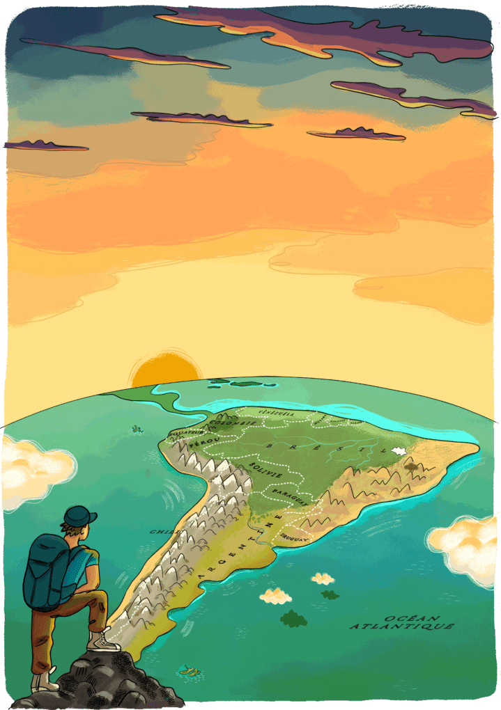 Le guide de l'Amérique du sud. Un voyageur regarde au loin un paysage. Il voit une ile. c'est l'Amérique du Sud.