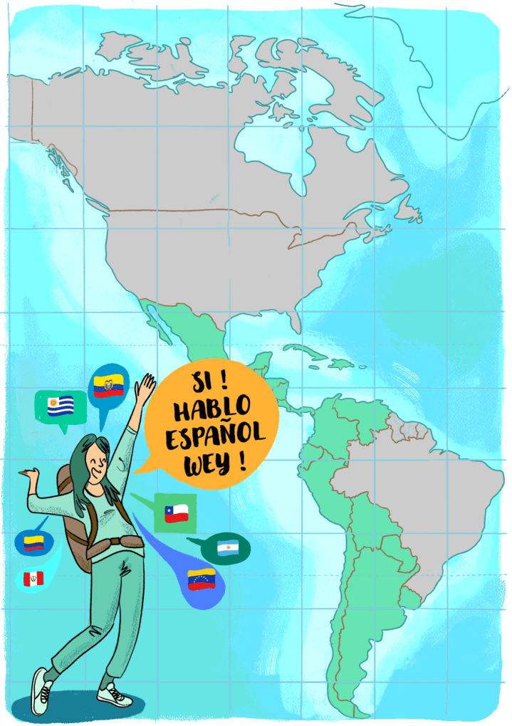 Apprendre l'espagnol pour voyager. Illustration d'une femme super contente de parler espagnol devant une carte d'Amérique du sud