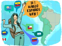 Une femme super contente de parler espagnol devant une carte d'Amérique du sud