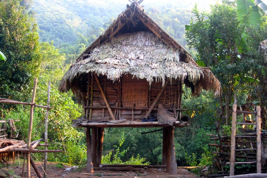 Maison traditionnelle sur pilotis en bois dans le Parc Nam Ha - Laos