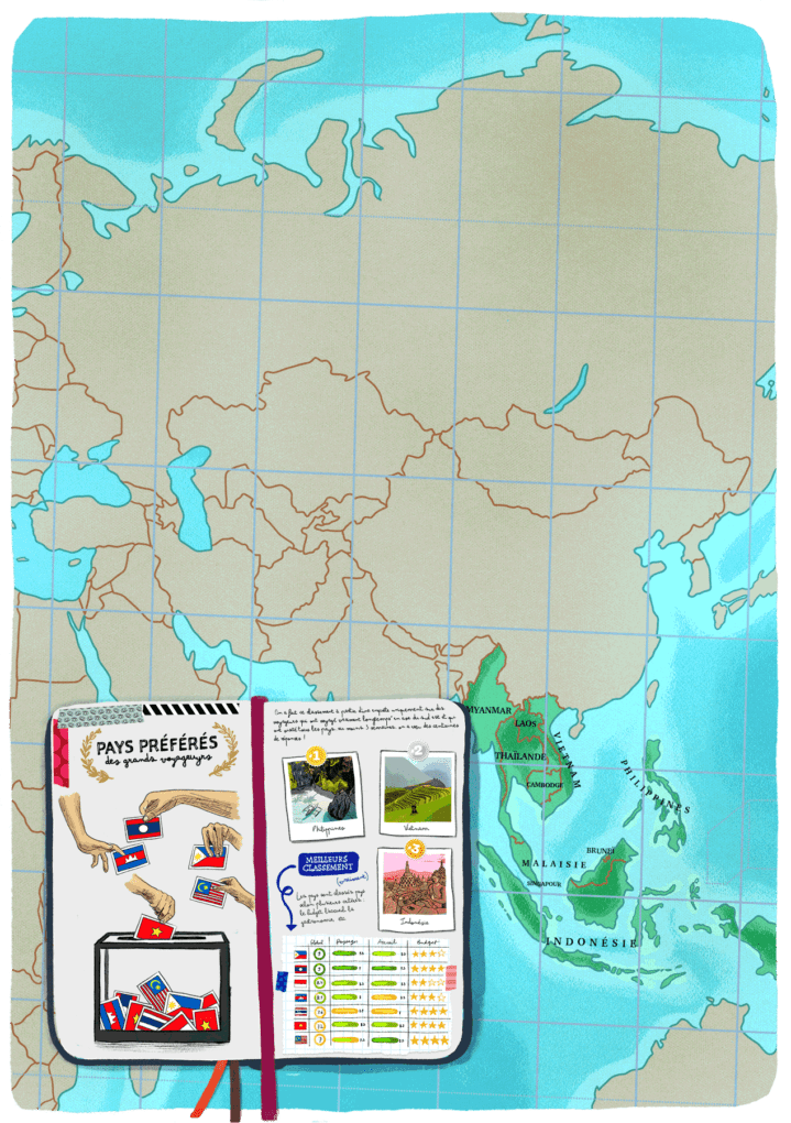 Un carnet de voyage ouvert est posé sur une une carte du monde centrée sur l'Asie du Sud-Est. Il illustre le thème 